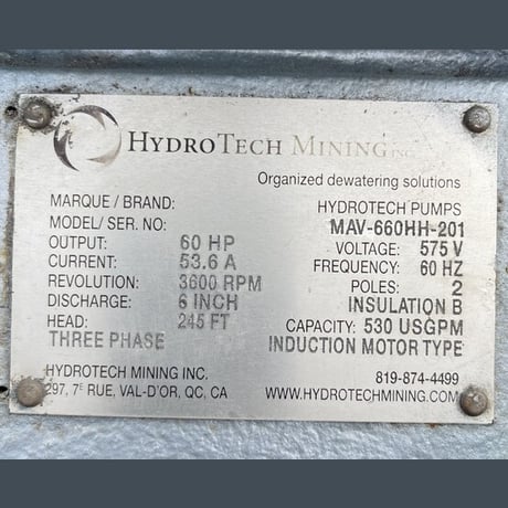 530 GPM @ 245' TDH, Hydrotech #MAV-660HH-201, High Head Submersible Pump, 6" discharge, 60 HP, 3600 RPM, 575 - Image 2