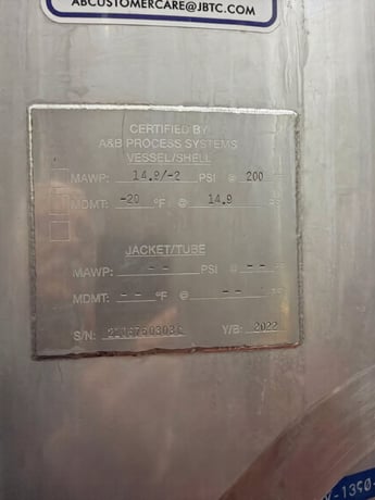 JBT A & B Process Systems, Stainless Steel Jacketed Tank, w/ Mixer, MAWP 14.9 PSI @ 200&deg;F, 2022 (3 available) - Image 2