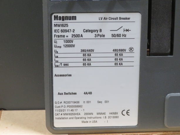 2500 Amps, Eaton #MWI625-MWI6253HEA, LV Air Circuit Breaker, 3-Pole, 690 Volts, 65 kA - Image 4