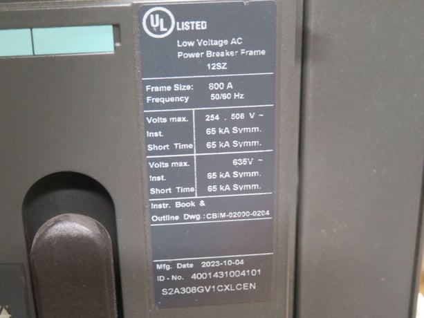 800 Amps, Siemens #WLS2A316-S2A308GV1CXLCEN, LV Air Circuit Breaker, 3-Pole, 690 Volts, 65 kA, 2023 - Image 1