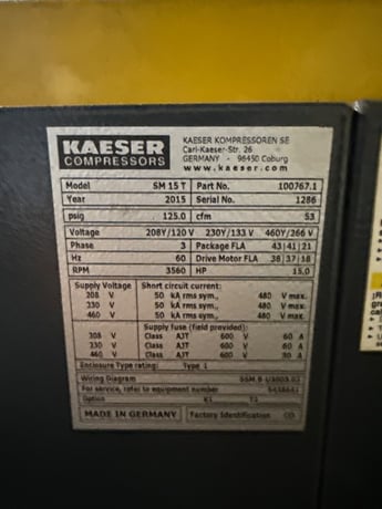 53 cfm, 125 psig, Kaeser #SM-15-T, Rotary Screw Air Compressor, 15 HP, 460 V., 2015 - Image 4