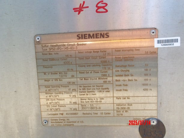 4000 Amps, Siemens, SPS 2 IPO 145 633 SPS2-IPO-145-63-3, 145 kV, High Voltage Circuit Breaker - Image 1
