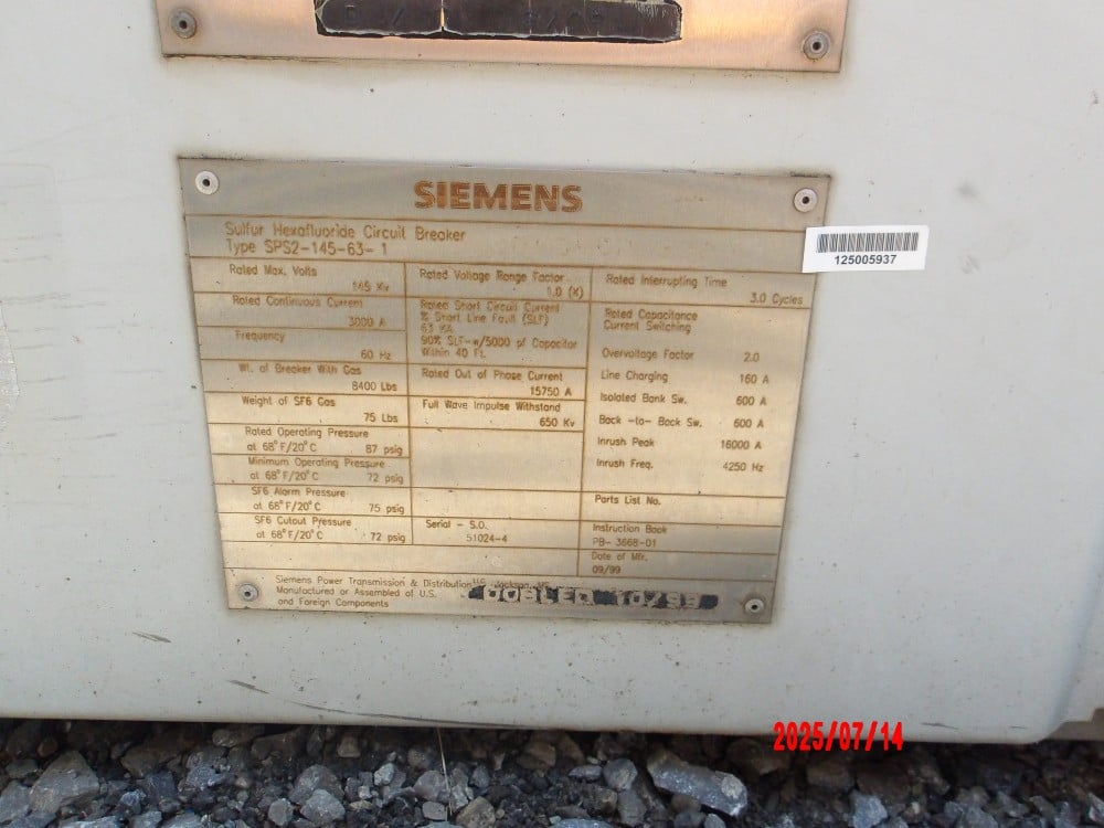 3000 Amps, Siemens, SPS 2 145 631 SPS2-145-63-1, 145 kV, High Voltage Circuit Breaker - Image 1