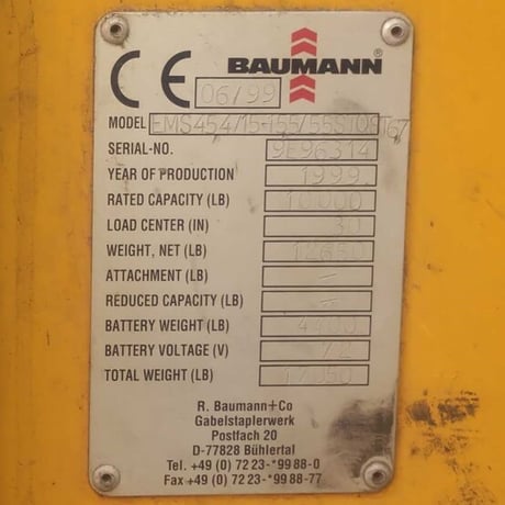 10,000 lb. Baumann #EMS454/15-155/55STQST67, electric sideloader, 216" lift, 72 V. battery, 11,168 hours, 1999 - Image 5