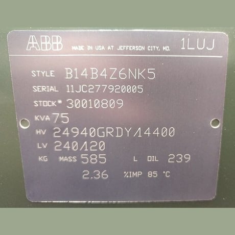 75 KVA 24940GRDY/14400 Primary, 240/120 Secondary, ABB #1LUJ, Distribution Transformer 1 Phase - Image 2