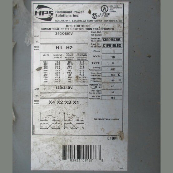 10 KVA 240/480 Primary, 120/240 Secondary, Hammond #HPS Fortress, Dry Type Transformer Single Phase - Image 3