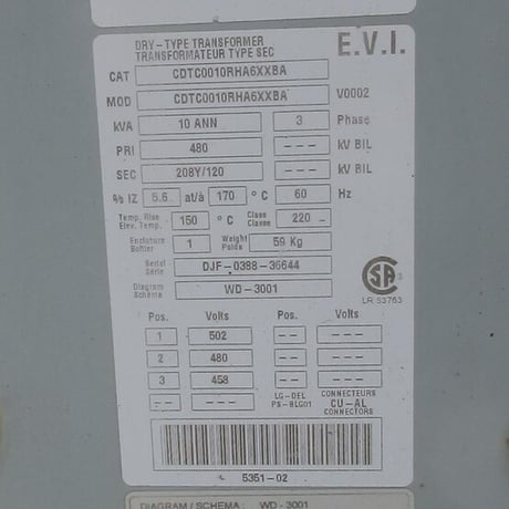 10 KVA 480 Primary, 208Y/120 Secondary, Delta #CDTC0010RHAXXBA, Dry Type Transformer 3 Phase - Image 2