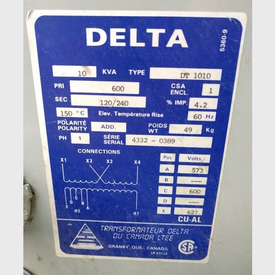 10 KVA 600 Primary, 120/240 Secondary, Delta, Dry Type Transformer Single Phase - Image 2