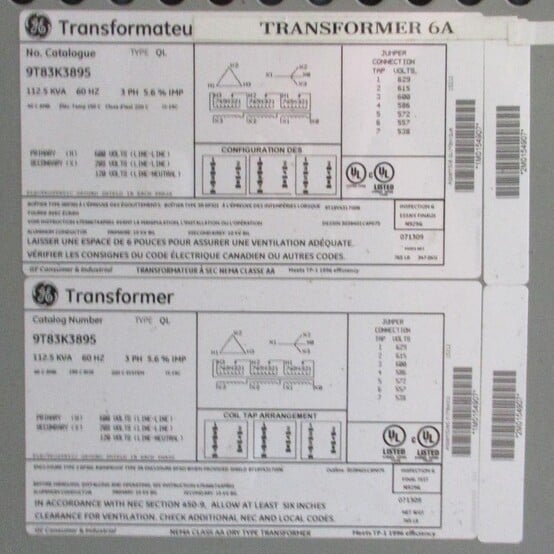 112.5 KVA 600 Primary, 208/120 Secondary, General Electric #9T83K3895, Dry Type Transformer 3 Phase - Image 2