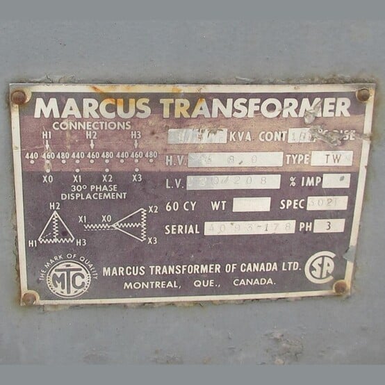 15 KVA 480 Primary, 120/208 Secondary, Marcus, Dry Type Transformer 3 Phase - Image 2