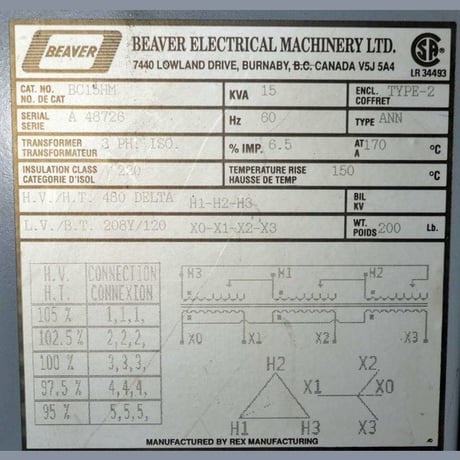 15 KVA 480 Delta Primary, 208Y/120 Secondary, Beaver, Dry Type Isolation Transformer 3 Phase - Image 2