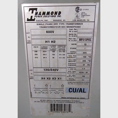 15 KVA 600 Primary, 120/240 Secondary, Hammond, Dry Type Transformer Single Phase - Image 2