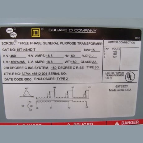 15 KVA 460 Primary, 460Y/265 Secondary, Square D #15T145HDIT, Dry Type Transformer 3 Phase, Never Used - Image 2