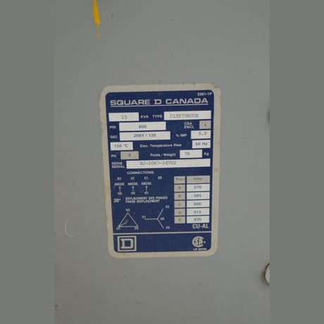 15 KVA 600 Primary, 208Y/120 Secondary, Square D #C15T79HCUX, Dry Type Transformer 3 Phase - Image 2