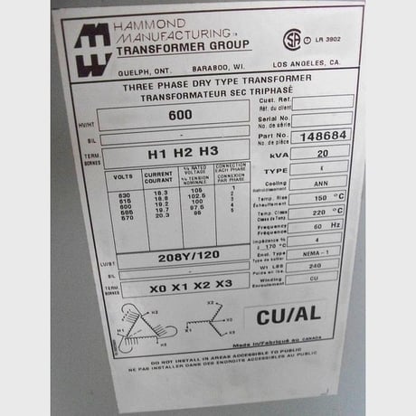 20 KVA 600 Primary, 208Y/120 Secondary, Hammond, Dry Type Transformer 3 Phase - Image 2