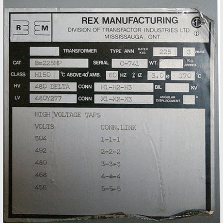 225 KVA 480 Delta Primary, 480Y/277 Secondary, Rex, Dry Type Transformer 3 Phase - Image 1