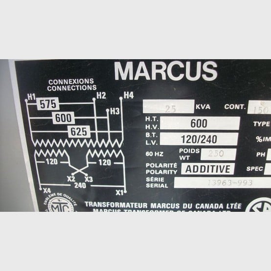 25 KVA 600 Primary, 120/240 Secondary, Marcus, Dry Type Transformer Single Phase - Image 2