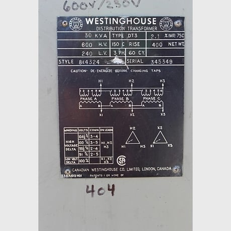 30 KVA 600 Primary, 240 Secondary, Westinghouse, Dry Type Transformer 3 Phase - Image 2