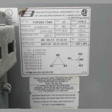 30 KVA 480 Delta Primary, 600Y/347V Secondary, Beaver Electrical Machinery #TVR30S-T34A, Dry Type Isolation - Image 3