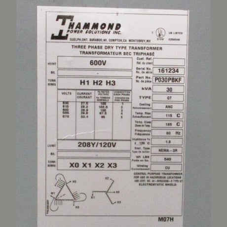 30 KVA 600 Primary, 208Y/120 Secondary, Hammond #P030PBKF, Dry Type Transformer 3 Phase - Image 3