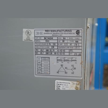 30 KVA 600 Primary, 208Y/120 Secondary, Rex #BC30JM, Dry Type Isolation Transformer 3 Phase - Image 2