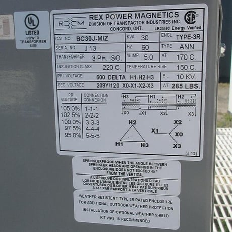 30 KVA 600 Primary, 208Y/120 Secondary, Rex Power Magnetics #BC30J-M/Z, Dry Type Isolation Transformer 3 Phase - Image 3