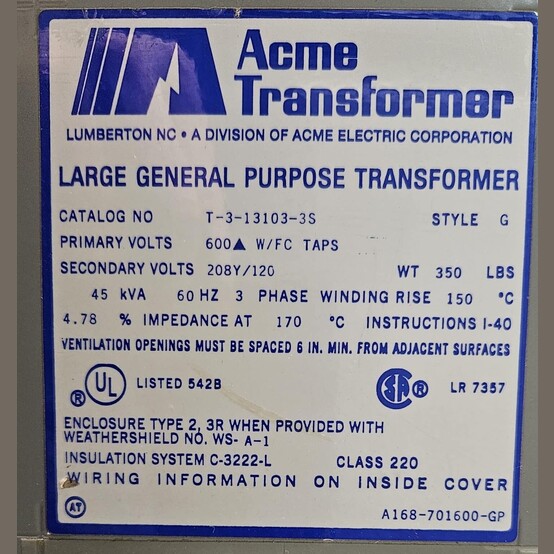 45 KVA 600 Primary, 208Y/120 Secondary, Acme Transformer #T-3-13103-3S, Dry Type Transformer 3 Phase - Image 2