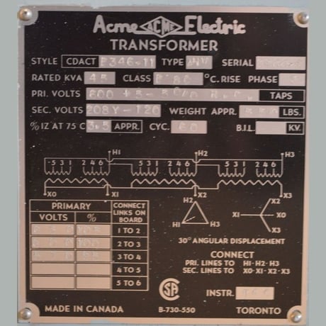 45 KVA 600 Primary, 120/208 Secondary, Acme Electric, Dry Type Transformer 3 Phase - Image 2