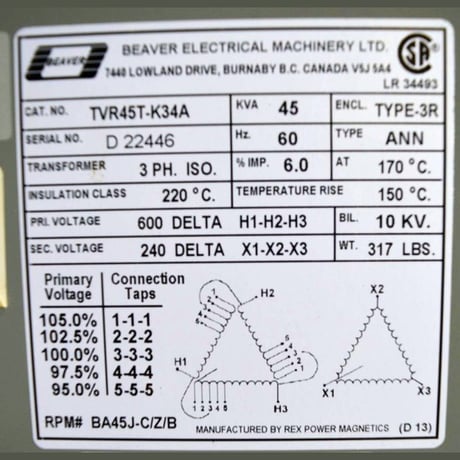 45 KVA 600 Primary, 240 Secondary, Beaver, Dry Type Transformer 3 Phase - Image 2