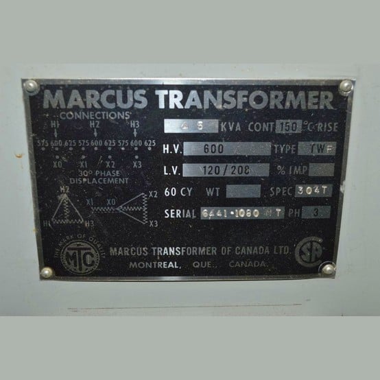 45 KVA 600 Primary, 120/208 Secondary, Marcus, Dry Type Transformer 3 Phase - Image 2