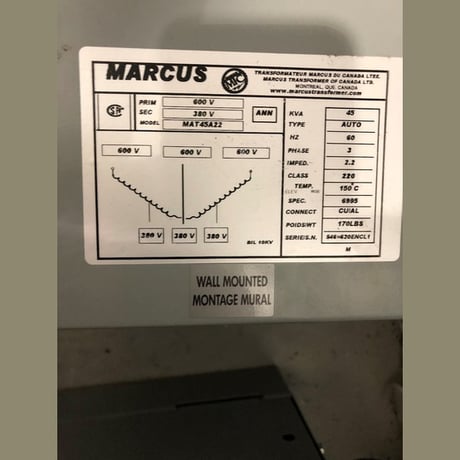45 KVA 600 Primary, 380 Secondary, Marcus, Dry Type Transformer 3 Phase - Image 2