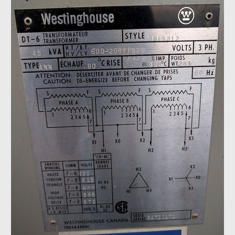 45 KVA 600 Primary, 208Y/120 Secondary, Westinghouse, Dry Type Transformer 3 Phase - Image 2