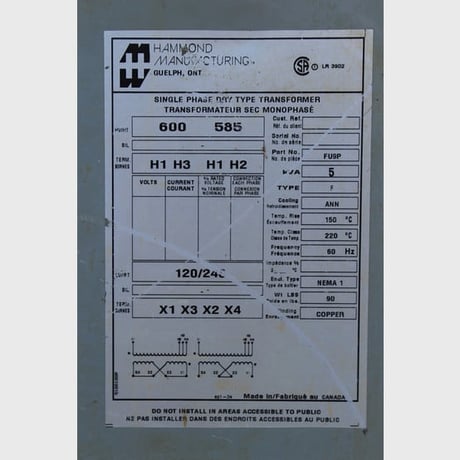 5 KVA 600 Primary, 240/120 Secondary, Hammond, Dry Type Transformer Single Phase - Image 2