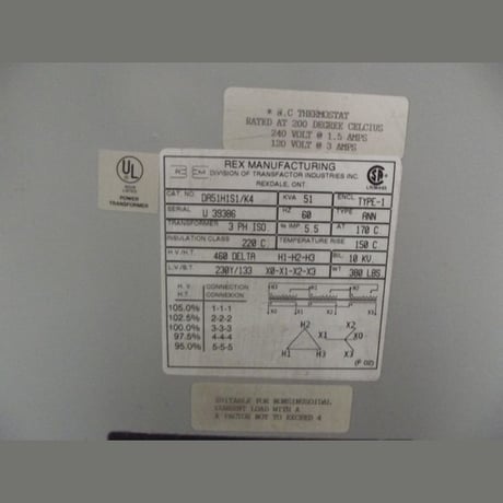 51 KVA 460 Delta Primary, 230Y/133 Secondary, Rex #DA51H1S1/KA, Dry Type Transformer 3 Phase - Image 3