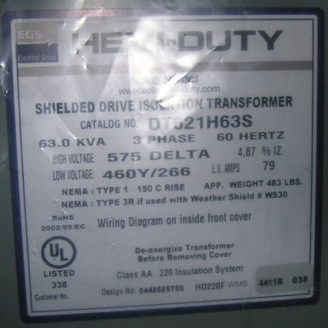 63 KVA 575 Delta Primary, 460Y/266V Secondary, Hevi-Duty, Dry Type Shielded Drive Isolation Transformer 3 - Image 2