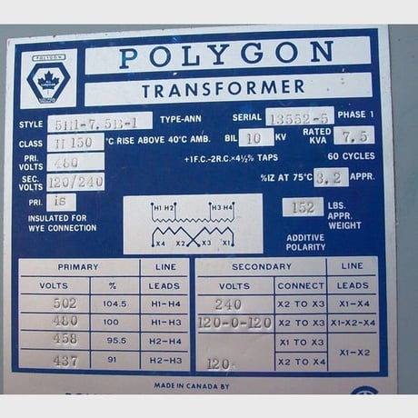 7.5 KVA 480 Primary, 120/240 Secondary, Polygon, Dry Type Transformer Single Phase - Image 2