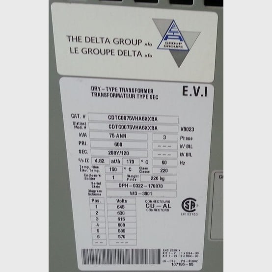 75 KVA 600 Primary, 208Y/120 Secondary, Delta, Dry Type Transformer 3 Phase - Image 2