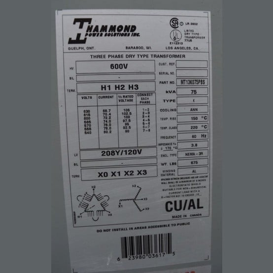 75 KVA 600 Primary, 208Y/120 Secondary, Hammond, Dry Type Transformer 3 Phase - Image 2