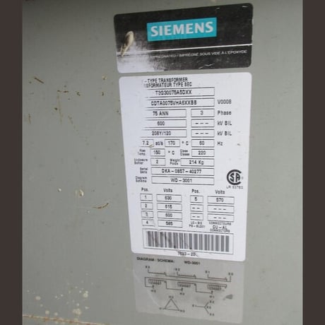 75 KVA 600 Primary, 120/208Y Secondary, Siemens, Dry Type Transformer 3 Phase - Image 2