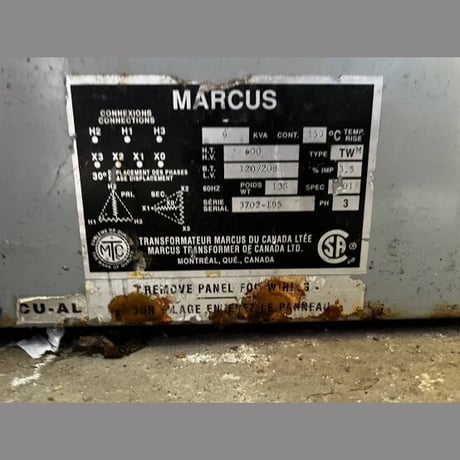 9 KVA 600 Primary, 120/208 Secondary, Marcus, Dry Type Transformer 3 Phase - Image 2