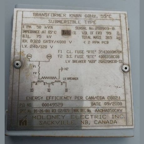 50 KVA 8320GRDY/4800 Primary, 240/120 Secondary, Moloney, Liquid Filled Submersible Transformer 1 Phase - Image 2
