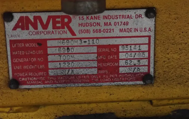 6,900 lb. Anver #M690M3-110, Vacuum Lift Attachment, 86" Span, 1995 - Image 8