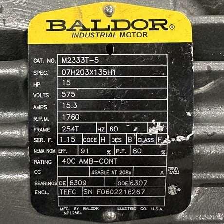 15 HP 1760 RPM Baldor - Caterpillar #: M2333T-5, Frame 254T, 575 Volts, Electric Motor - Image 2