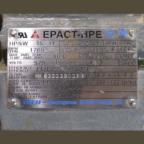 15 HP 1765 RPM Teco Westinghouse HPE, Frame 254T, TEFC, 575 Volts, Electric Motor - Image 2