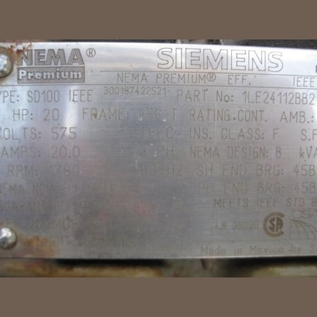 20 HP 1780 RPM Siemens, Frame 256T, 575 Volts, Electric Motor - Image 2