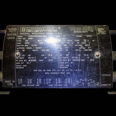40 HP 3545 RPM Marathon, Frame 324TS, 230/460 Volts, Model CN324TSTGP4001CDL, Electric Motor - Image 3
