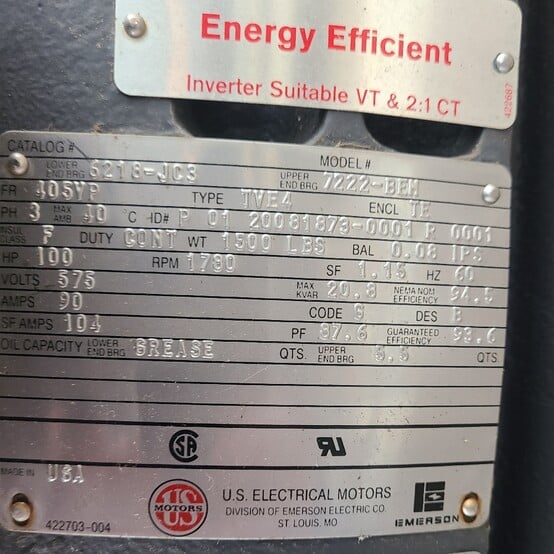 100 HP 1780 RPM U.S. Motors, Frame 405VP, 3 phase, 575 Volts, Vertical Motor - Image 3