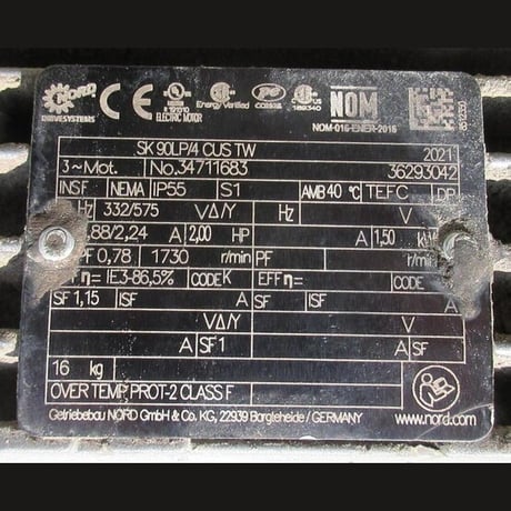 2 HP 1730 RPM Nord #SK 90LP/4 CUS TW, Gearmotor, 20.87:1 Ratio, 3 phase, 332/575 Volts - Image 6
