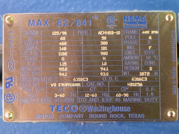 125 HP 1200 RPM Teco Westinghouse, Frame 445T, TEFC BB, 460 Volts, New Surplus - Image 2