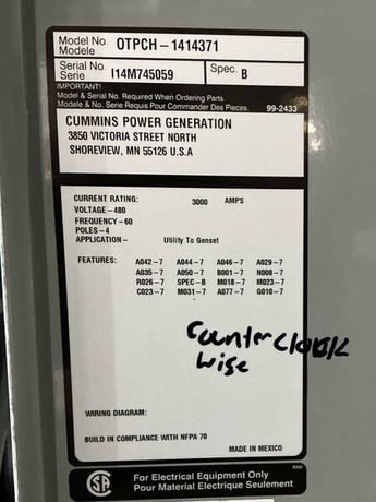 3000 Amp. Cummins #OTPCH-1414371, Automatic Transfer Switch, 4-pole, 480 Volt, NEMA 1 enclosure, 3PH, 2014 - Image 3